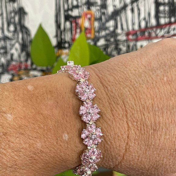 Sterling Silver Pink Floral  Tennis Bracelet - Picture 3 of 8